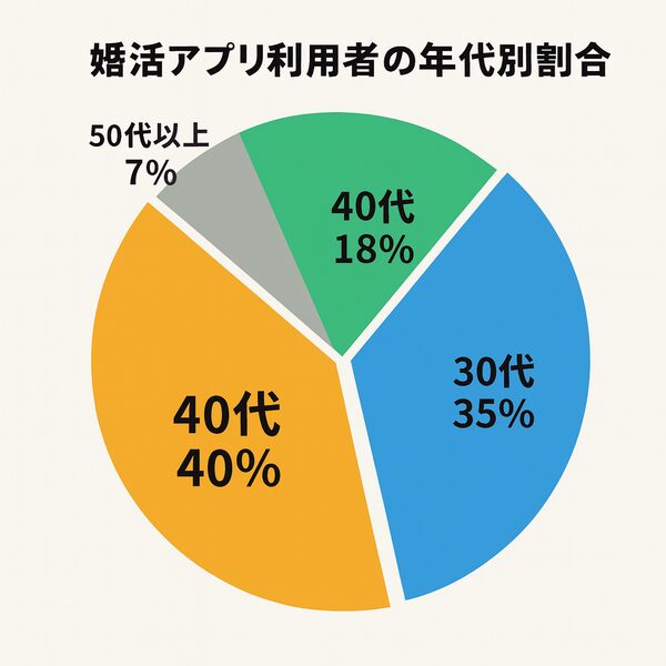 婚活アプリ利用者の年代別割合を示す円グラフ（20代40%、30代35%、40代18%、50代以上7%）
